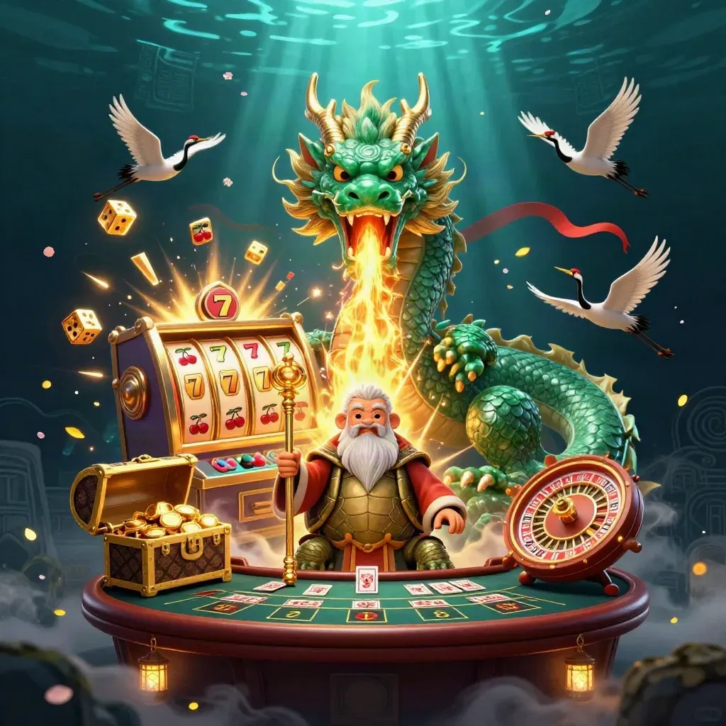 Emerald dragon, turtle sage, cranes, slot burst, treasure, and glowing casino magic in dark teal water