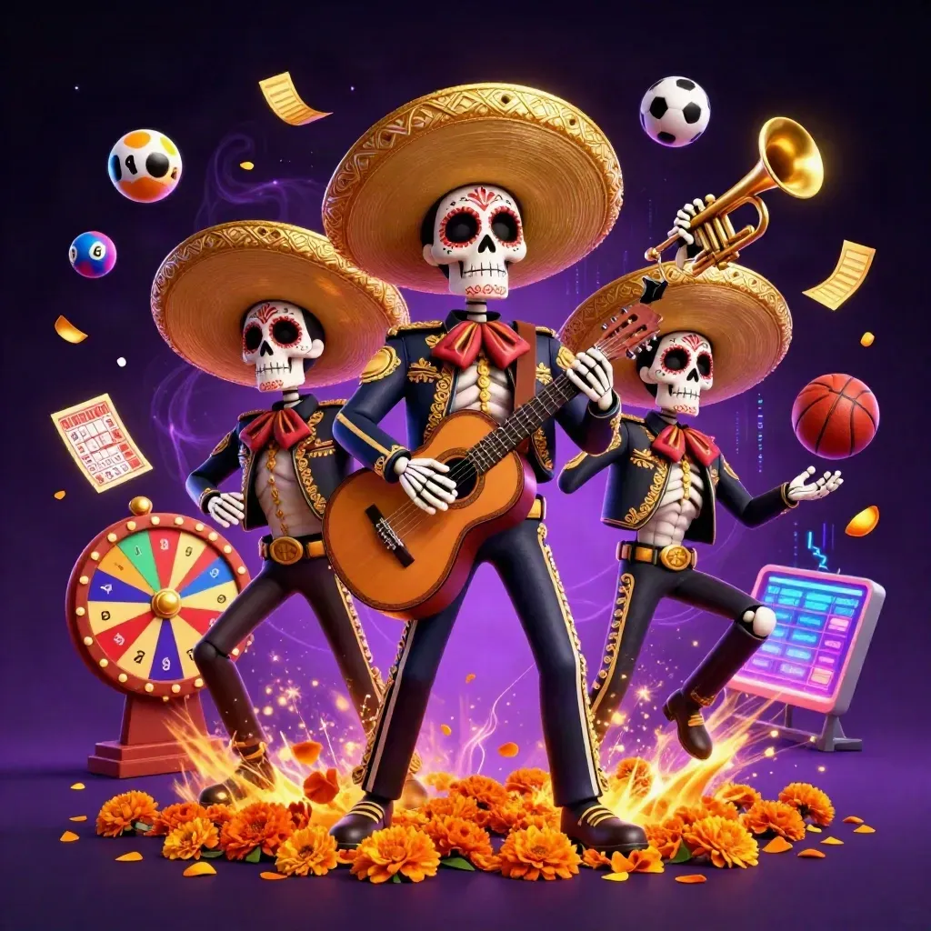 Skeleton mariachi trio amid casino props, sports balls, neon energy and gold confetti.