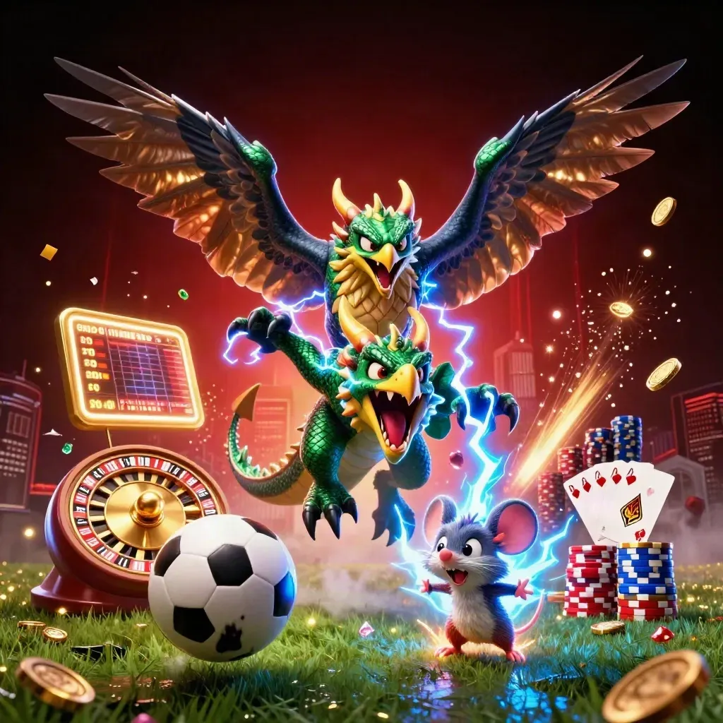 Thunder dragon, wind hawk and static mouse amid coins, cards, chips and sports balls in casino glow.