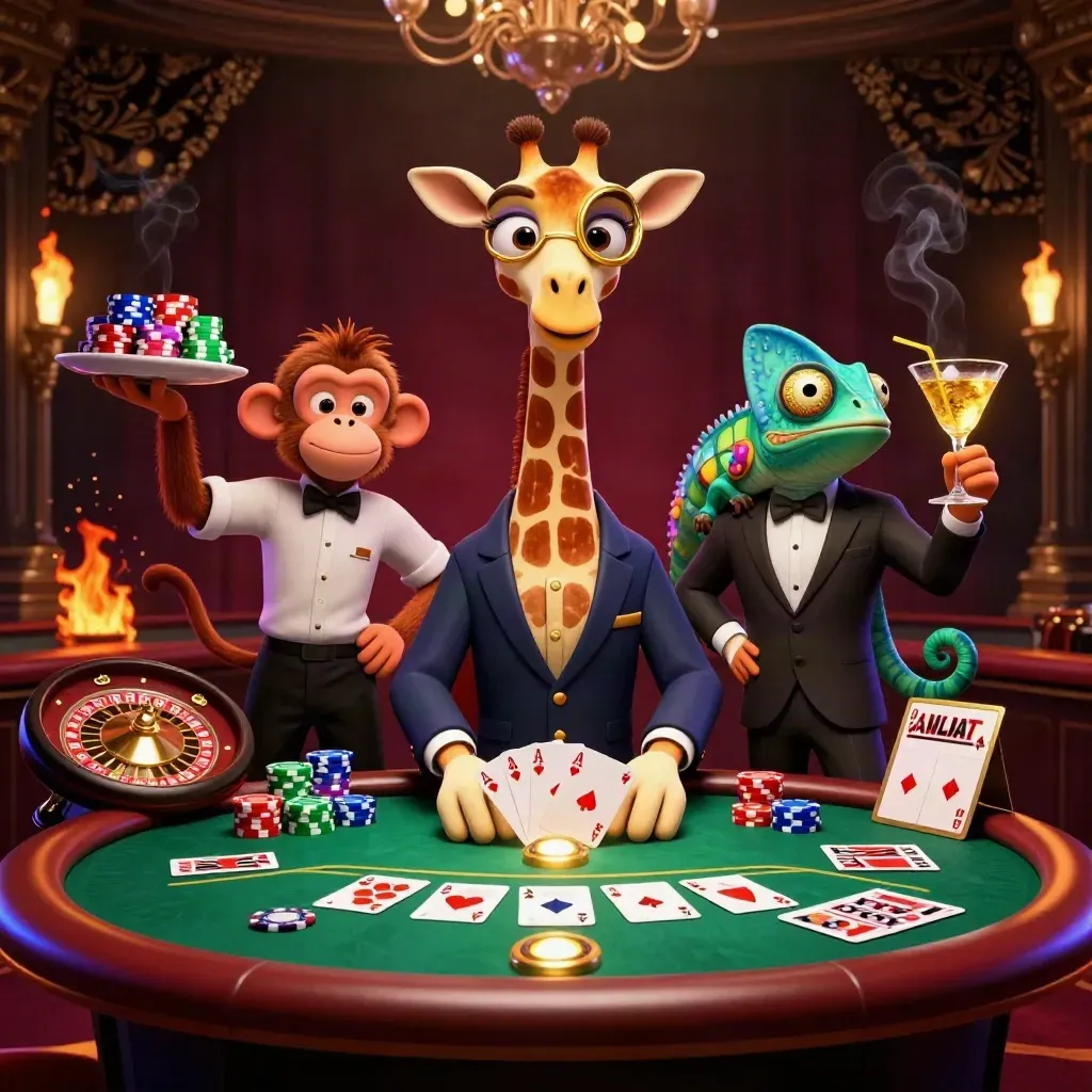 Giraffe, monkey valet, and chameleon bartender in a glowing casino scene with chips and cards.