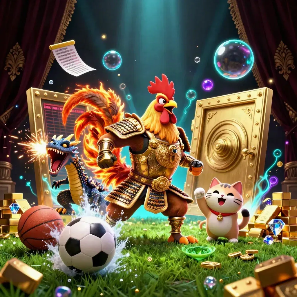 Rooster warrior, dragon hatchling and fortune-cat amid gold vault, balls and casino glow.