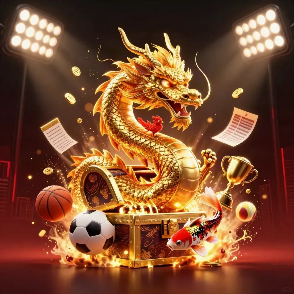 Golden dragon with phoenix and koi amid flying sports balls, coins and casino lights.