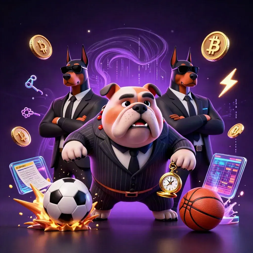 Cartoon bulldog mob boss with two Dobermans amid crypto coins, lightning, and casino energy