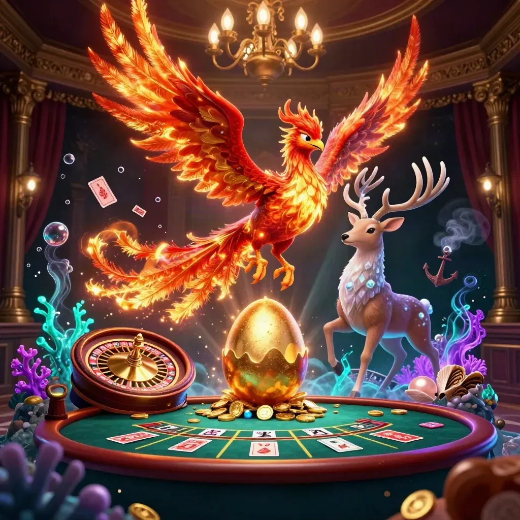 Phoenix trio and crystalline stag in a jeweled underwater casino cove with roulette glow.