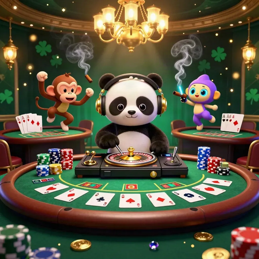 DJ panda, dancing monkey, and glow-kitten in a luxe casino scene with cards, chips, and roulette lights.
