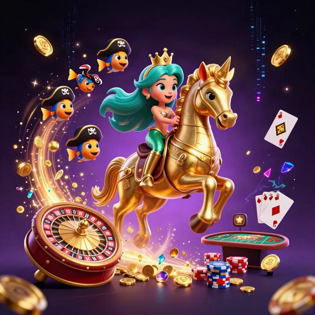 Turquoise-haired mermaid princess rides a gold seahorse amid casino lights, coins, gems, and pirate fish