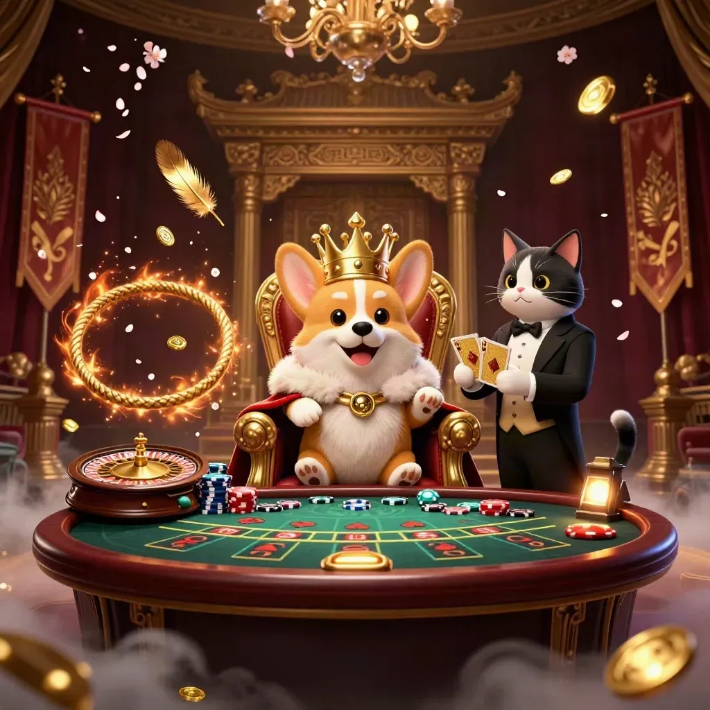 Royal corgi and cat butler in a luxe casino room with chips, coins, lantern glow and golden damask