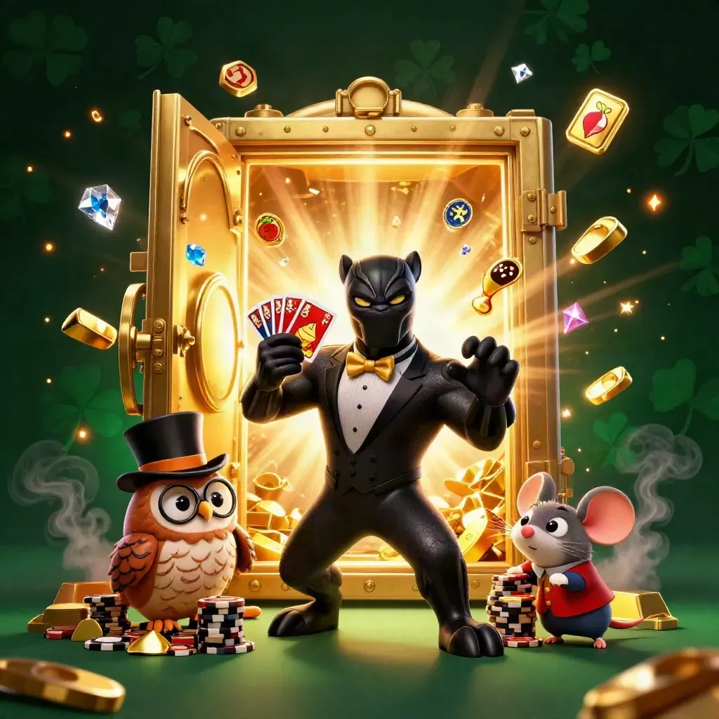 Panther, owl, and mouse raid a glowing vault amid gold, gems, and emerald casino magic.