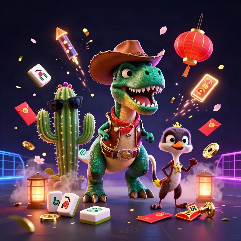 Cowboy T-Rex, cactus, and roadrunner amid jade coins, lanterns, petals, and casino glow