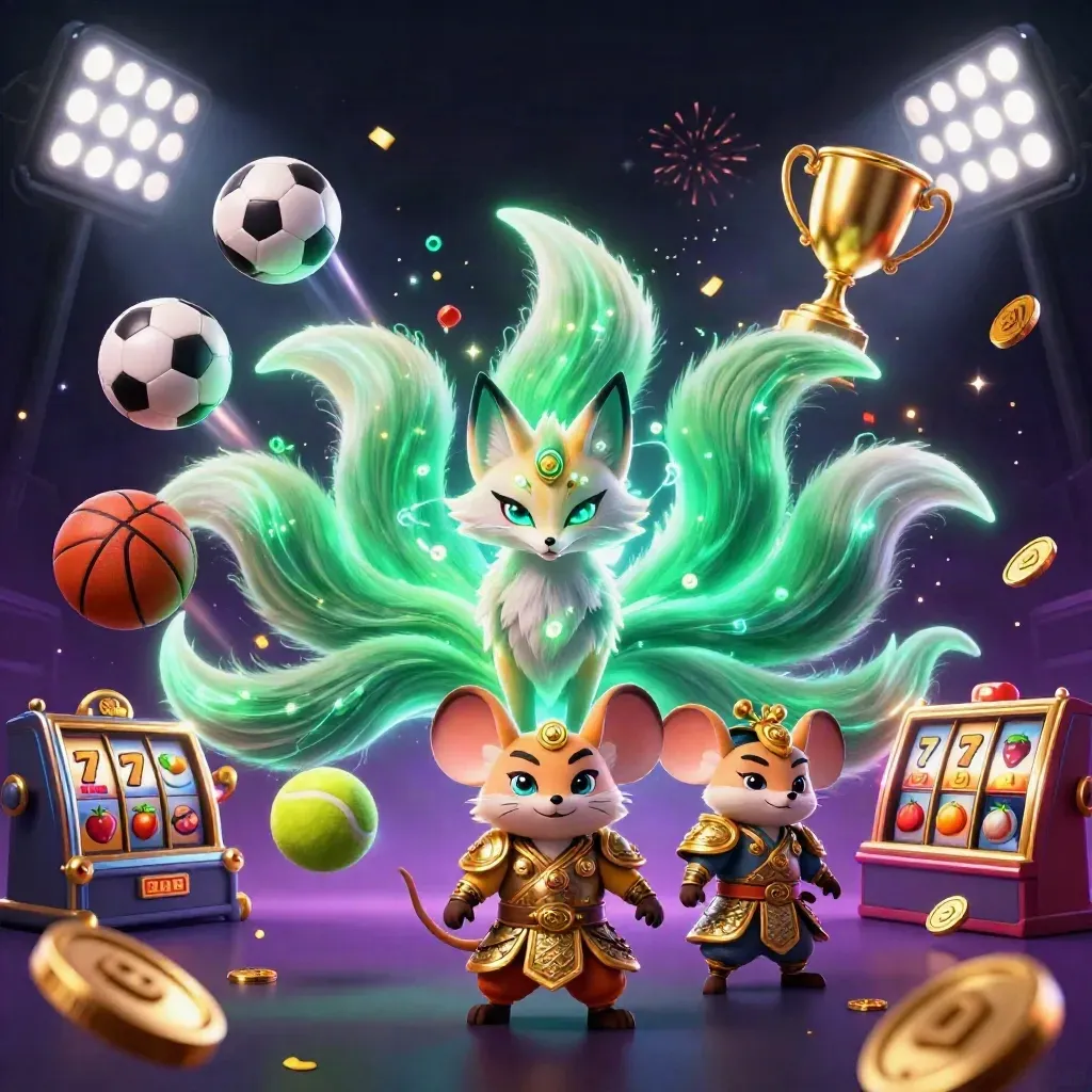 Fox spirit and armored mouse amid glowing sports balls, coins, trophy, and casino magic.