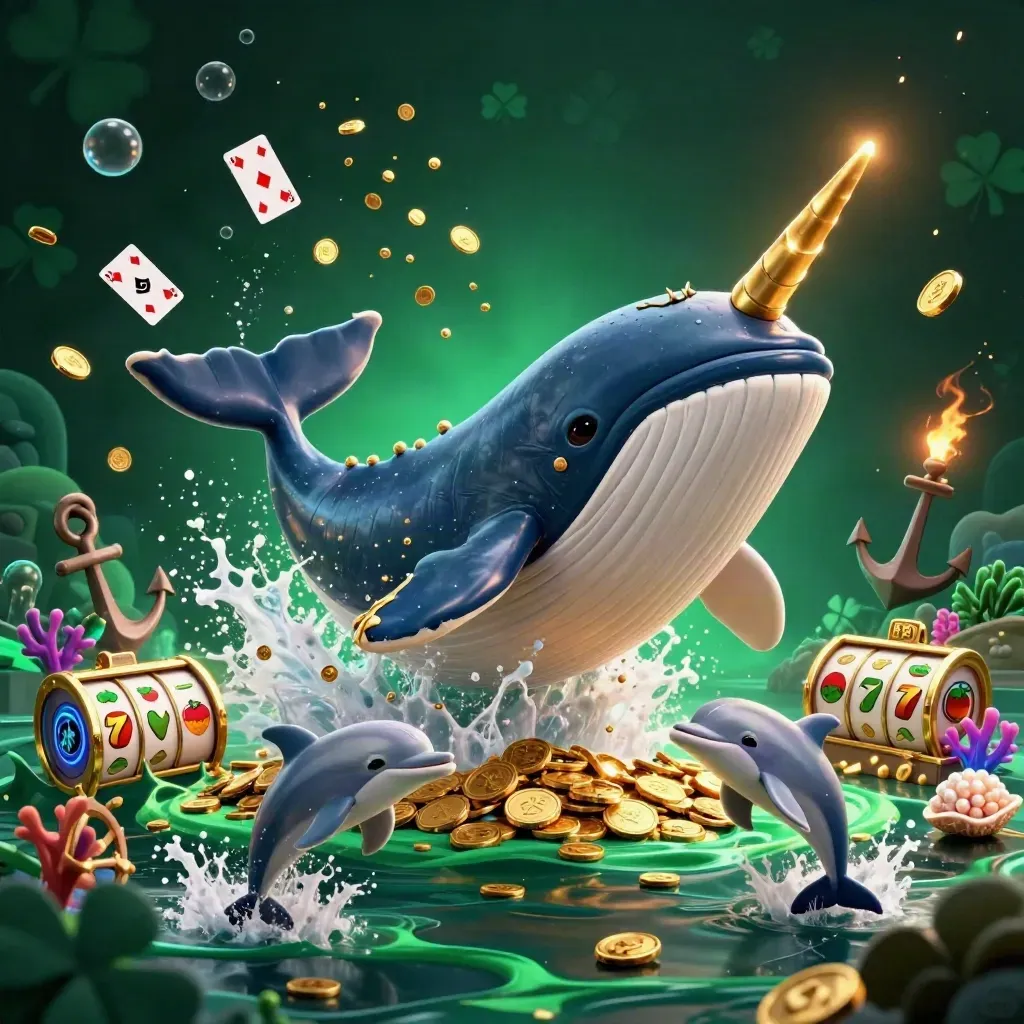 Whale captain, narwhal, and dolphins burst through coins in a glowing emerald treasure cove.