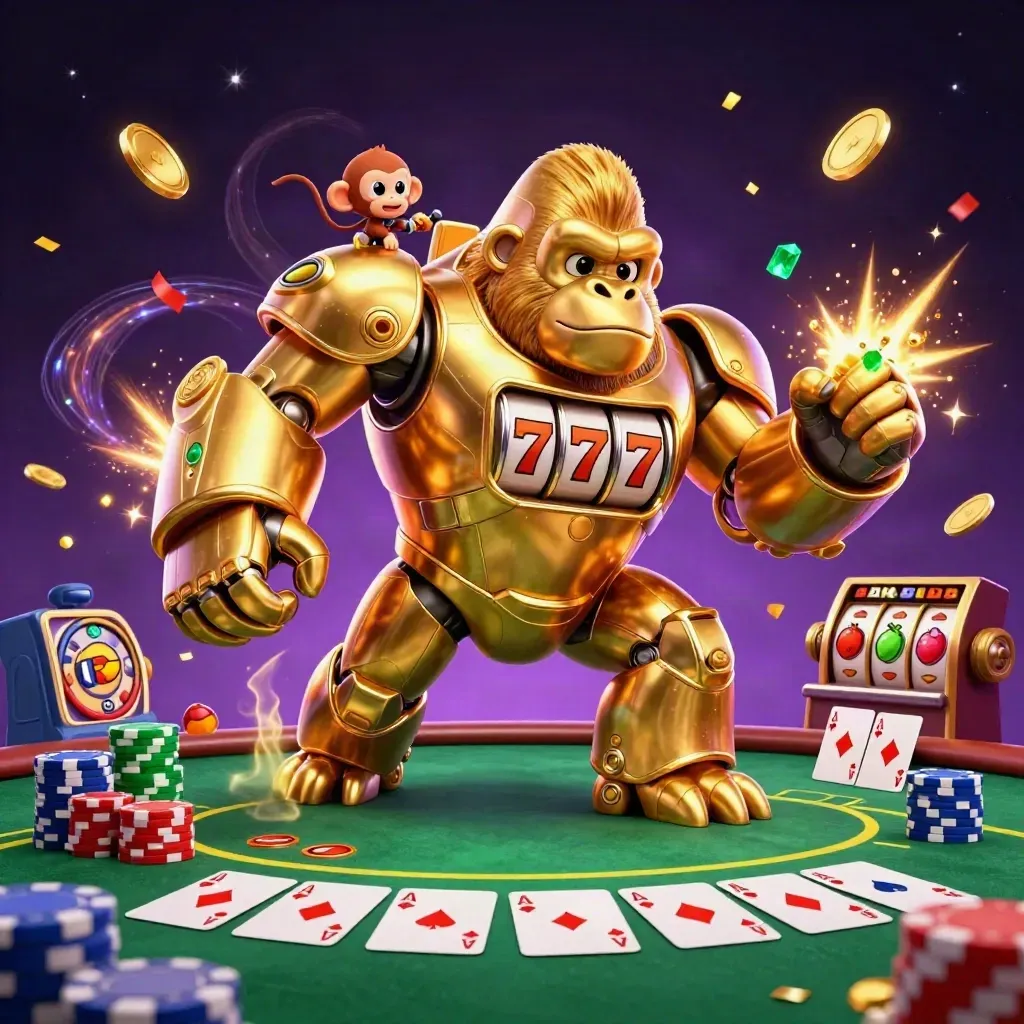 Golden gorilla mech with monkey pilot blasts casino chips, cards, and reels in a neon starfield.