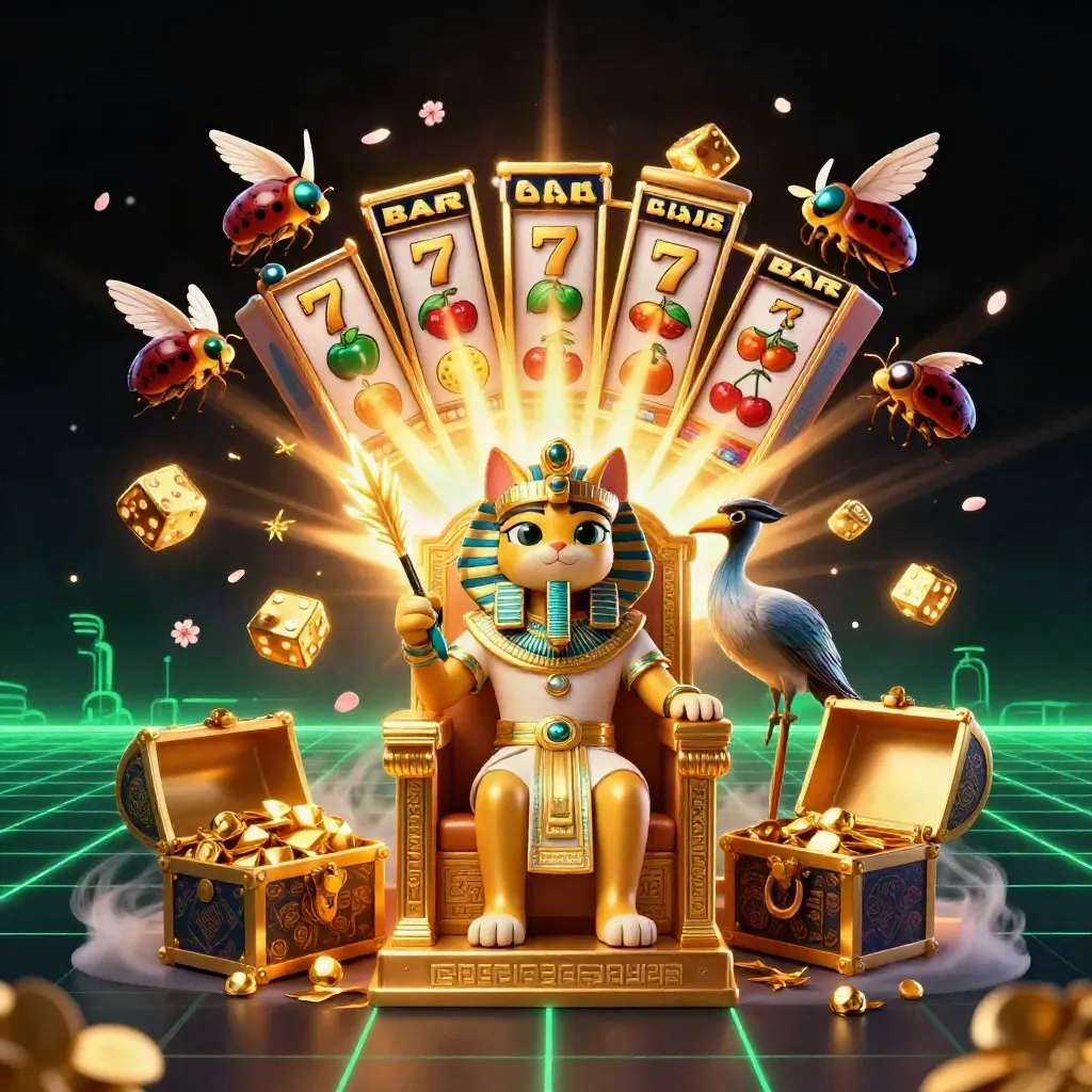 Pharaoh cat, ibis scribe, and gem-wing scarabs amid jackpot bursts and gold.