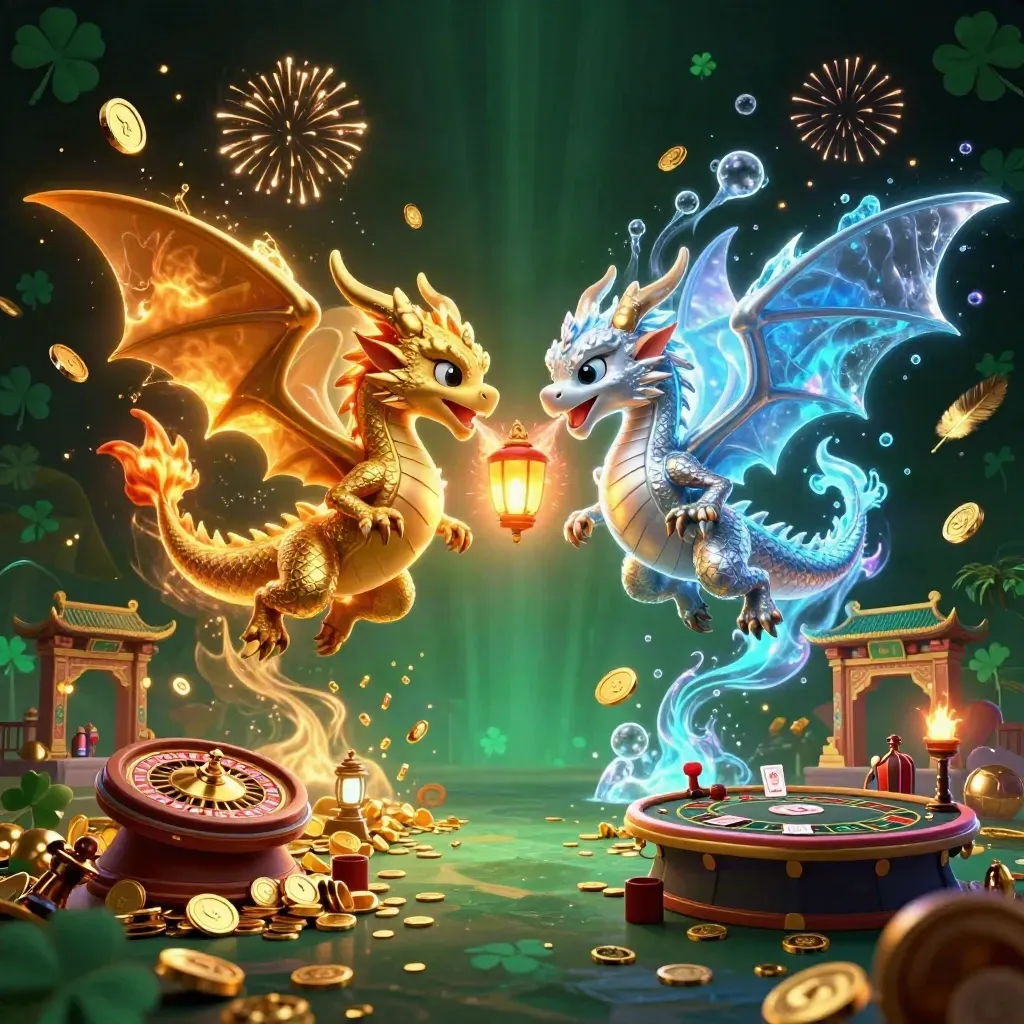 Gold and silver dragons in yin-yang flight amid casino treasures, fireworks, and glowing emerald light.