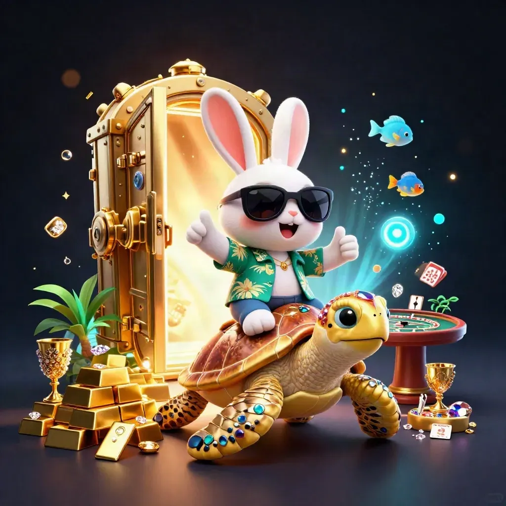 Lucky rabbit on a gold turtle amid vault burst, coins, gems, roulette, cards, and casino glow