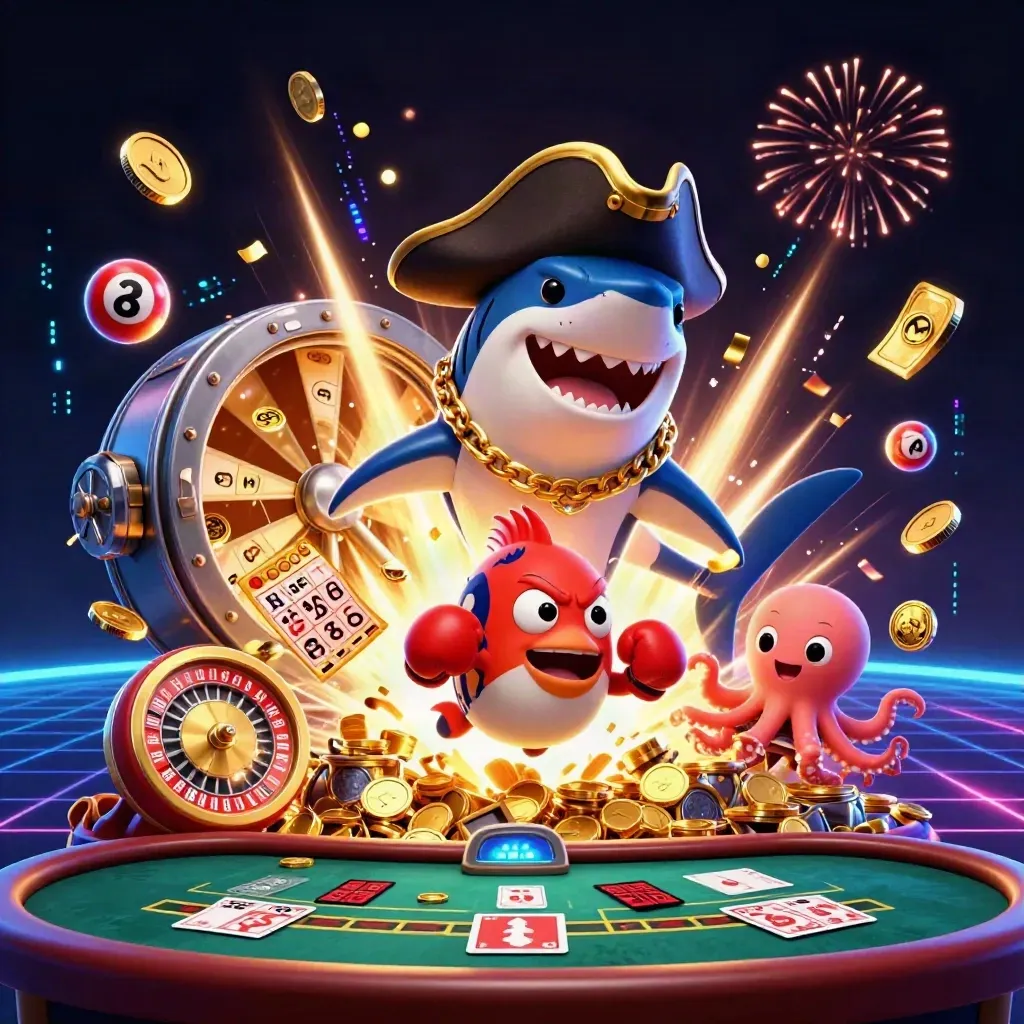 Pirate shark, boxing pufferfish, and juggling octopus amid gold coins and casino effects