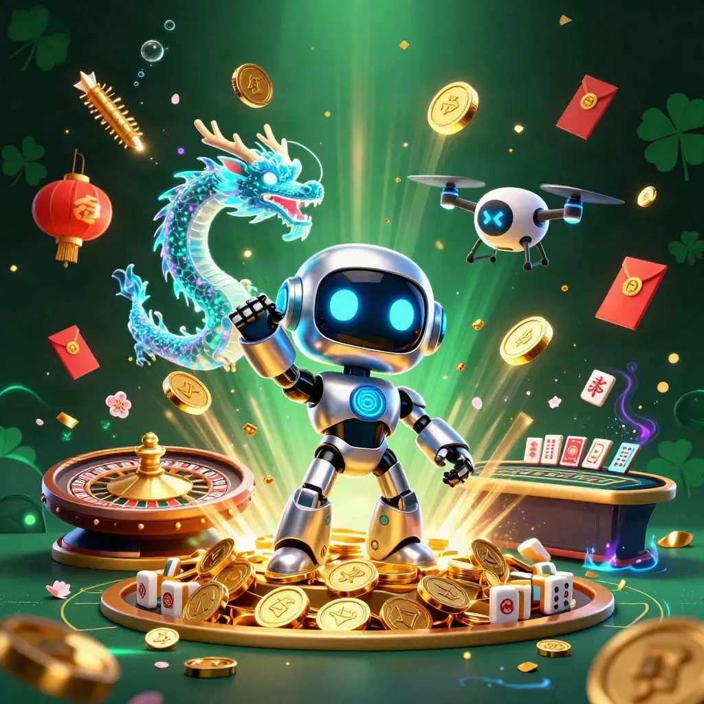 Robot mascot, holographic dragon, and casino prizes burst from a vault in emerald-gold glow.