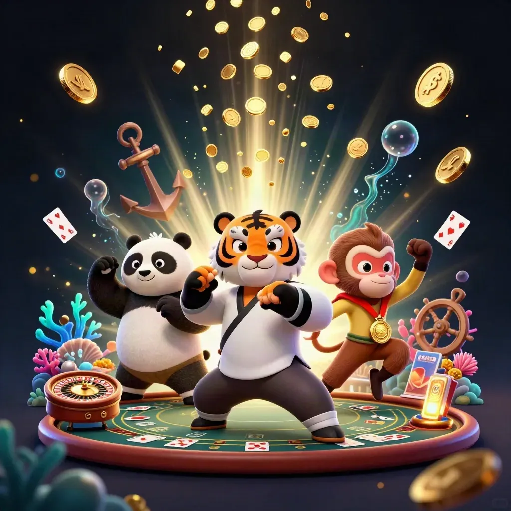 Tiger, panda, and monkey amid coin bursts, coral, and casino treasures in a glowing cove.