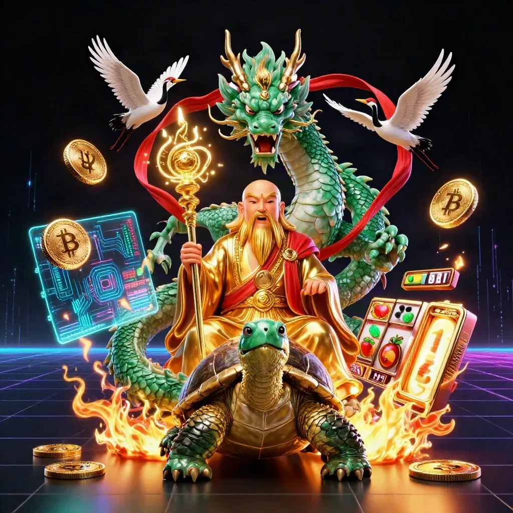 Emerald dragon, turtle sage, and cranes amid gold fire, coins, reels, and neon casino energy.