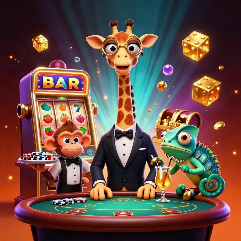 Giraffe, monkey, and chameleon casino heroes amid slots, gold, and neon casino glow.