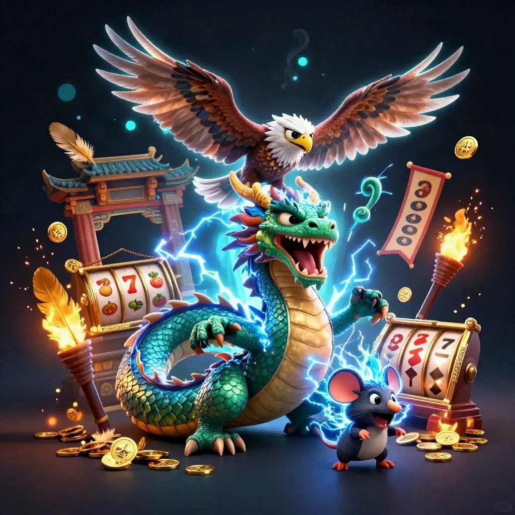 Thunder dragon, wind hawk, and static mouse amid casino effects and glowing reels.