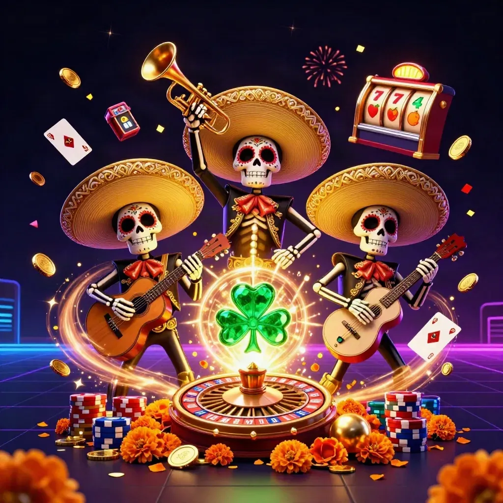 Skeleton mariachi trio with casino effects, coins, reels, and neon glow