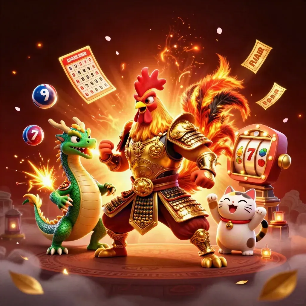 Rooster samurai, dragon hatchling, and cheering fortune cat amid casino bursts