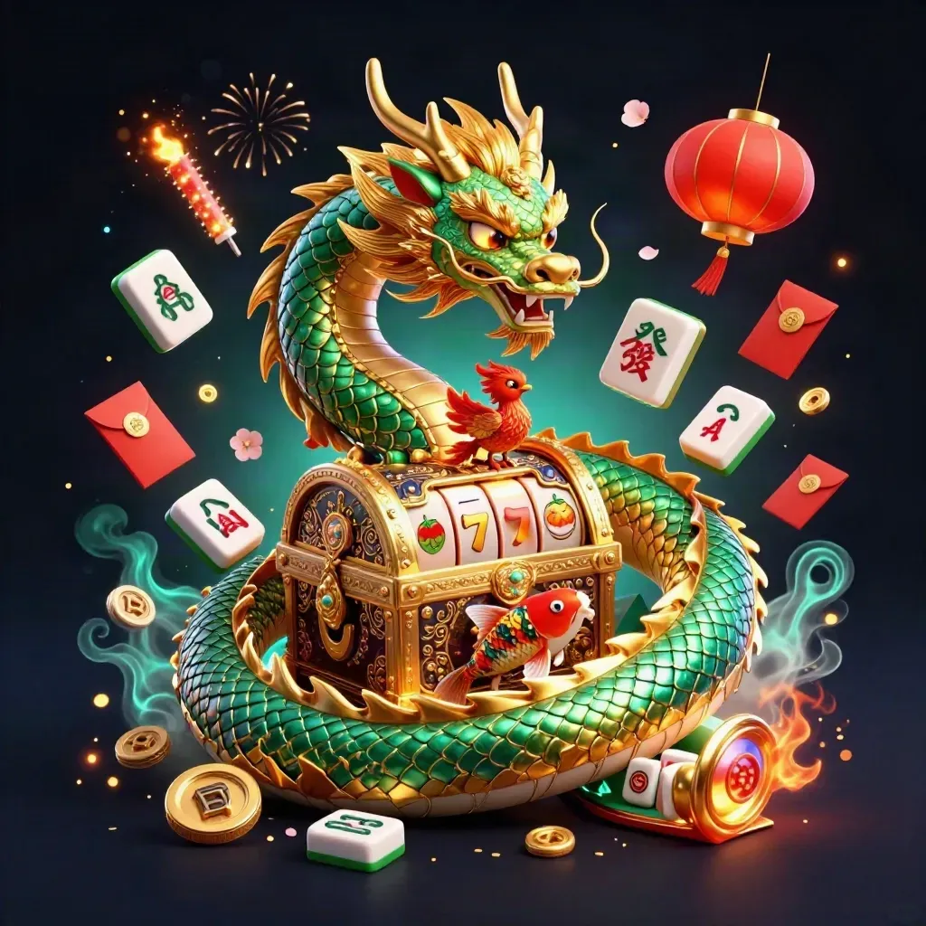 Golden dragon, phoenix, and koi bursting with casino symbols on a dark neon background.